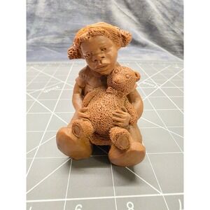 Vintage JP 90 Girl Hugging Teddy Bear Figurine Brown Resin Clay Style 1990